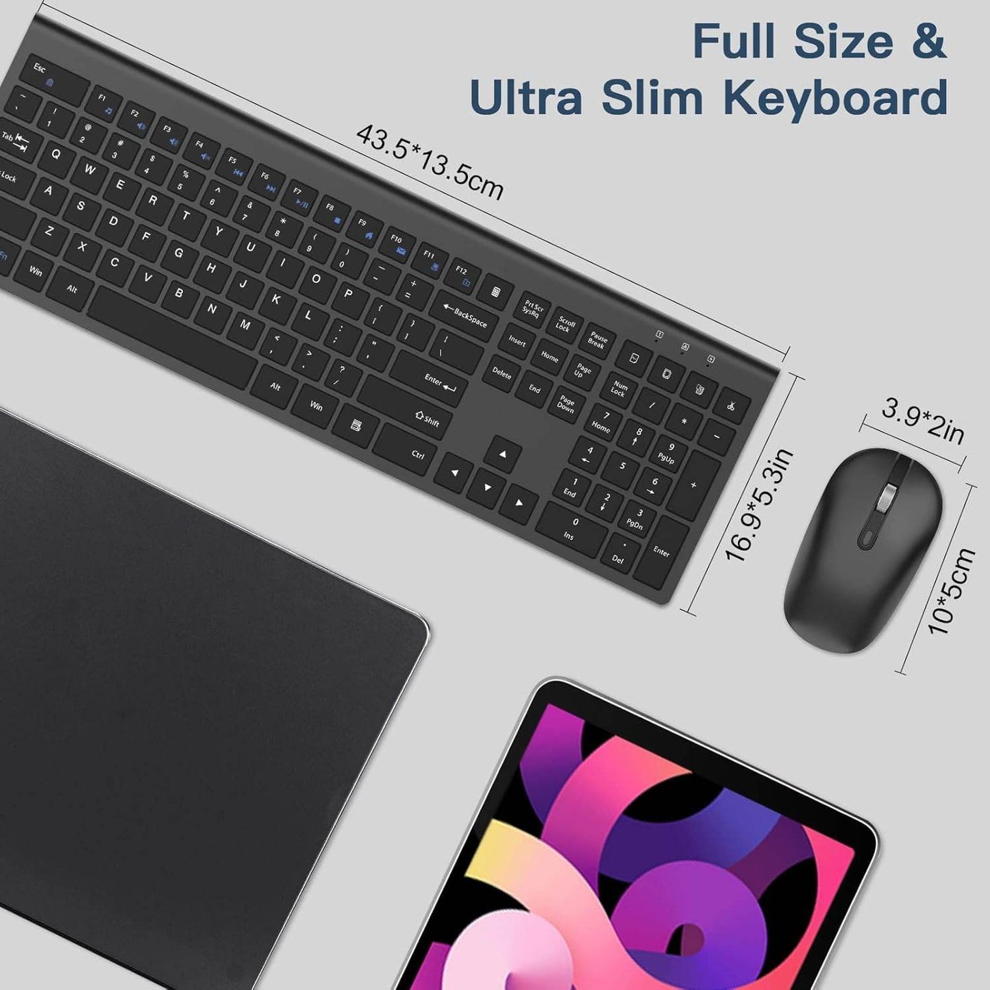 cimetech Full Sized Wireless Keyboard and Mouse Combo for MacBook, 2.4G Comfortable Ultra Slim Ergonomic Keyboard, Plug and Play USB Keyboard for Computer/Laptop - Black - Rajputtrade