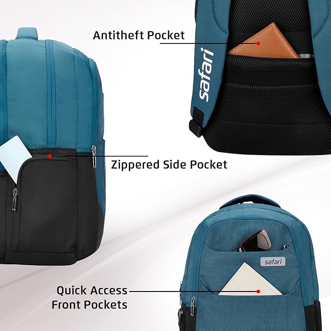 Safari Spade 34L Formal Laptop Backpack with Raincover, Antitheft Pocket, 3 Compartments, Front Pocket, Smart Trolley Sleeve, Office Bag, College Backpack, Travel Bag, School Bag - Rajputtrade