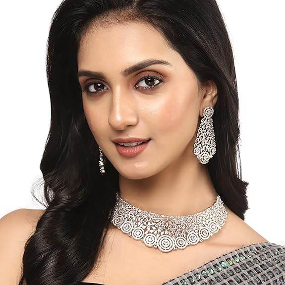 Choker Necklace with Earrings Jewellery Set with Girls and Women (White) - Rajputtrade