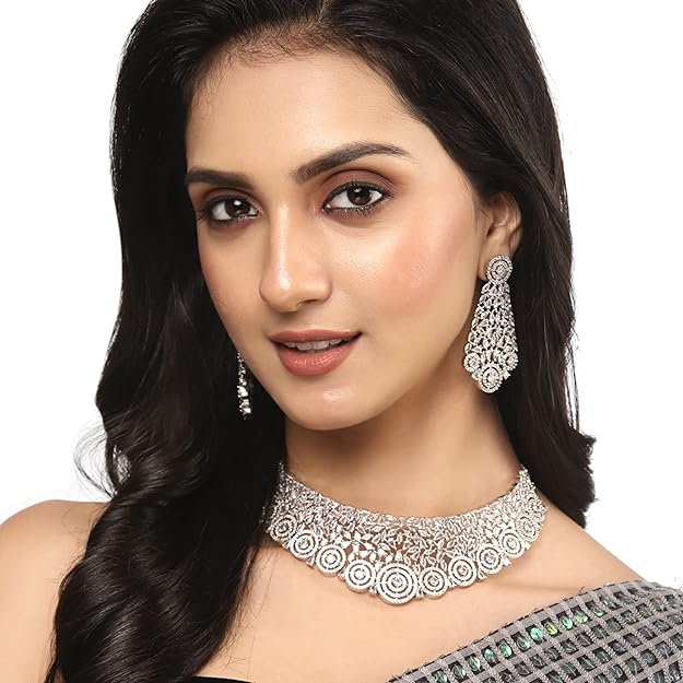 Rhodium-Plated Silver American Diamond Choker Necklace with Earrings Jewellery Set with Girls and Women - Rajputtrade