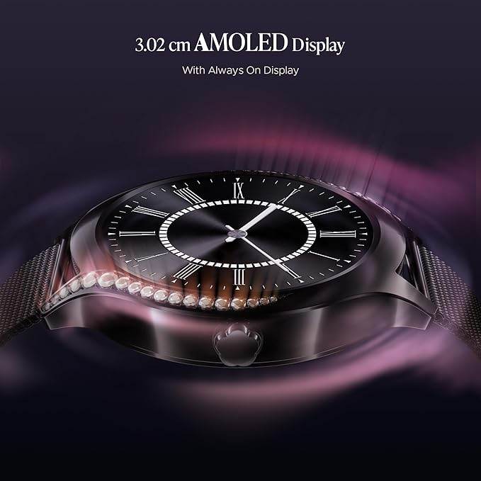 boAt Enigma Gem Women's Luxury Smart Watch w/ 1.19” (3.02cm) AMOLED Display, HR & SpO2 (Metallic Black) - Rajputtrade
