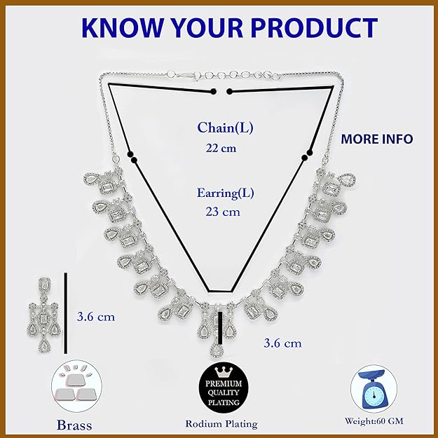 Rhodium-Plated Silver Toned Square Shaped American Diamond Studded Necklace with Earring Jewellery Set for Girls and Women - Rajputtrade