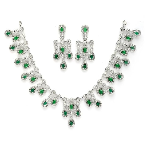 Rhodium-Plated Silver American Diamond Choker Necklace with Earrings Jewellery Set with Girls and Women - Rajputtrade
