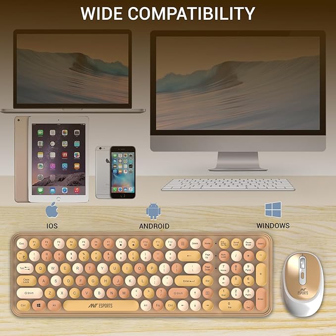 Ant Esports WKM44 Keyboard and Mouse Combo, Colourful Wireless Keyboard with Round Keycaps,2.4GHz Dropout-Free Connection, Long Battery Life, Cute Wireless Mouse for PC/Laptop/Computer- Candy Brown - Rajputtrade