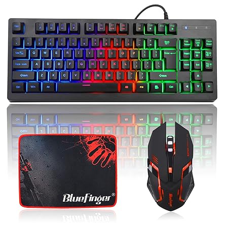 BlueFinger RGB 87 Keys Gaming USB Wired Rainbow Keyboard and Backlit Mouse Combo Set for Laptop PC Computer Game and Work