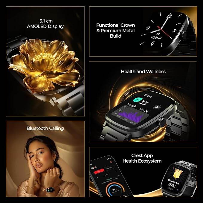 boAt Ultima Regal w/ 2.01”(5.10 cm) Crystal-Clear AMOLED Display, Fitness Smart Watch for Men & Women (Steel Black) - Rajputtrade