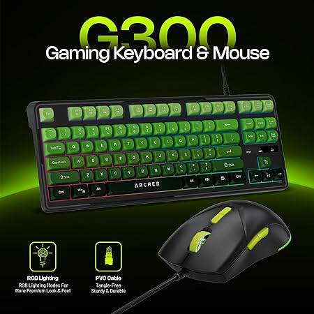 Archer Tech Lab Wired Gaming Keyboard and Mouse Combo| RGB Backlit, 87 Keys with 19 Anti-Ghosting, 7-Button Mouse, Adjustable 4 DPI (1200-3600) USB Plug & Play for PC Laptop Mac PS5 Xbox (Astra G300) - Rajputtrade