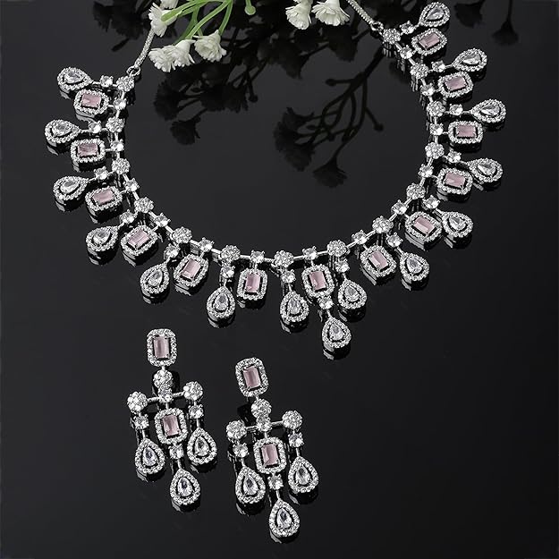 Rhodium-Plated Silver Toned Square Shaped American Diamond Studded Necklace with Earring Jewellery Set for Girls and Women - Rajputtrade