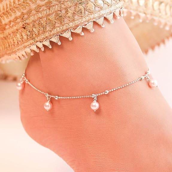 925 Sterling Silver Embellished Pearls Drop Rhodium Plated Adjustable Chain Anklet (Single) | Gift for Women & Girls | - Rajputtrade