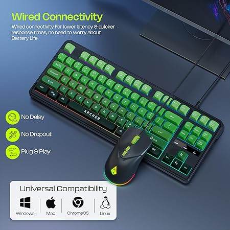 Archer Tech Lab Wired Gaming Keyboard and Mouse Combo| RGB Backlit, 87 Keys with 19 Anti-Ghosting, 7-Button Mouse, Adjustable 4 DPI (1200-3600) USB Plug & Play for PC Laptop Mac PS5 Xbox (Astra G300) - Rajputtrade