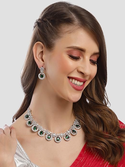 Silver Tone Blue American Diamond Studded Necklace Set for Women (Green) - Rajputtrade