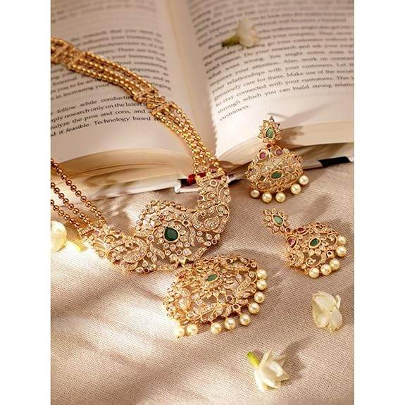 Gold Tone Temple Necklace Set with Green, Pink & White Stones by For Women - Rajputtrade