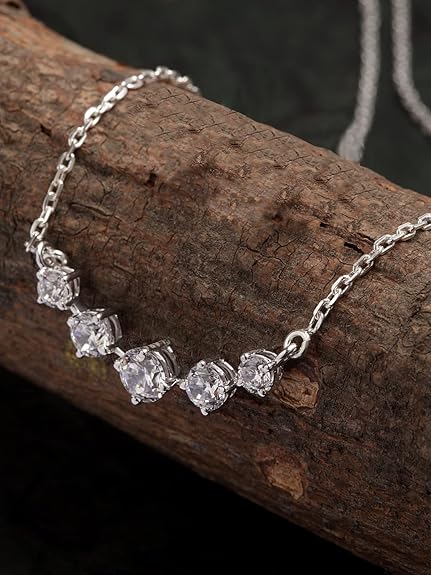 925 Sterling Silver 5 Stone Pendant Earring Chain Jewellery Set | Platinum Plated, Swiss Zirconia | Gift for Women & Girls