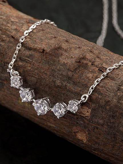 925 Sterling Silver 5 Stone Pendant Earring Chain Jewellery Set | Platinum Plated, Swiss Zirconia | Gift for Women & Girls - Rajputtrade