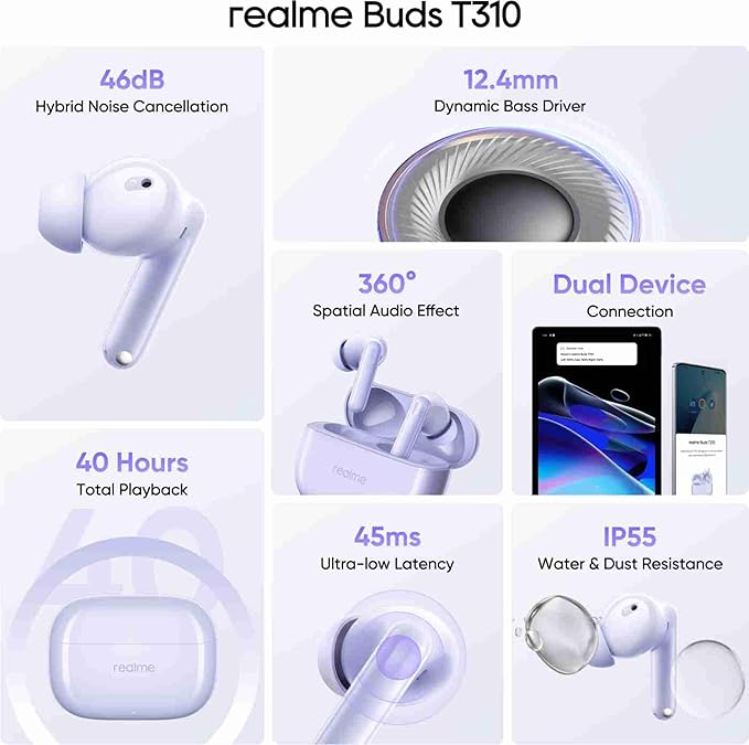realme Buds T310 Truly Wireless in-Ear Earbuds with 46dB Hybrid ANC, Upto 40Hrs Battery and Fast Charging (White) - Rajputtrade