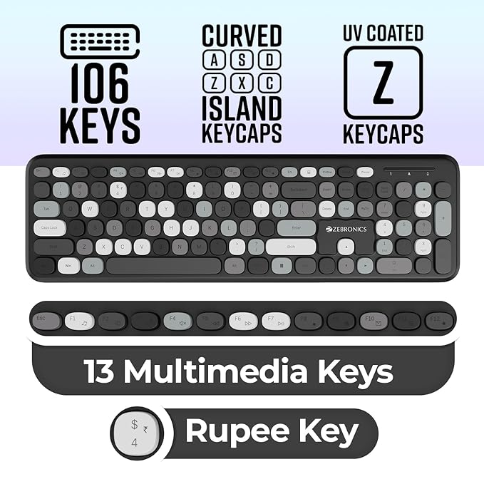 ZEBRONICS Companion 302 2.4GHZ Wireless Keyboard & Mouse Combo with UV Printed Keys,13 Multimedia Keys,800/1400/1600 DPI,High Precision,Advanced Optical Sensor Technology(Black + Grey)