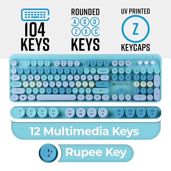 ZEBRONICS Companion 301 2.4GHz Wireless Keyboard & Mouse Combo with UV Printed, Retro Style Keys, 104 + 12 Integrated Multimedia Keys, 1600 DPI, High Precision (Aqua Green)