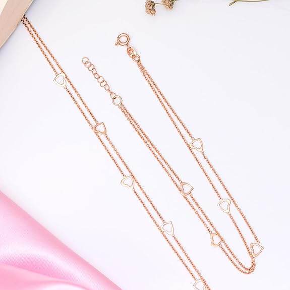 925 Sterling Silver Layered Rose Gold Plating Hearts Anklets (Pair) | Gift for Women & Girls | - Rajputtrade