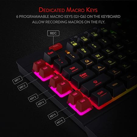 Redragon Shiva K512 RGB Backlit Membrane Wired Gaming Keyboard with Multimedia Keys, 6 Extra On-Board Macro Keys, Dedicated Media Control, Detachable Wrist Rest- Black - Rajputtrade