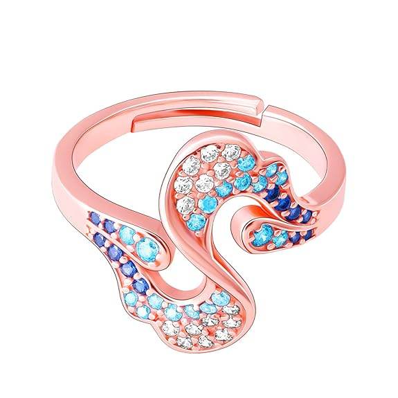 925 Silver Rose Gold Zircon Studded Waves Ring, Adjustable | Gifts for Women and Girls - Rajputtrade