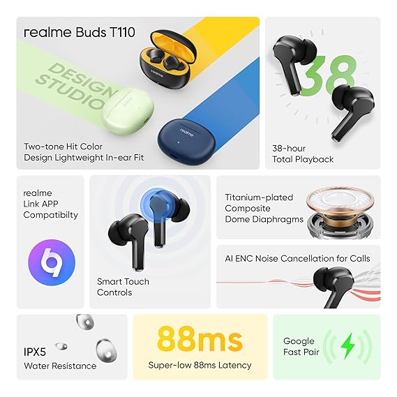 realme Buds T110 Bluetooth Truly Wireless in Ear Earbuds with mic, AI ENC for Calls (Jazz Blue) - Rajputtrade