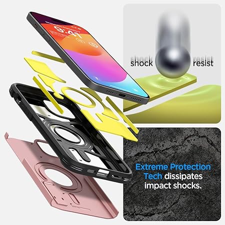 Spigen Tough Armor MagFit Back Cover Case Compatible with iPhone 15 (TPU + Poly Carbonate | Rose Gold)