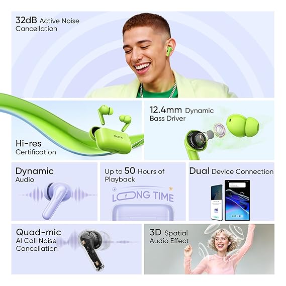 realme Buds T200 True Wireless Earbuds with Hi-Res Audio, 12.4mm Dynamic Bass Drivers, 32 dB ANC, Quad Mic, 45ms Latency, Upto 50 Hrs Playback (4 Color options)