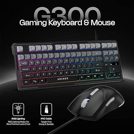 Archer Tech Lab Wired Gaming Keyboard and Mouse Combo| RGB Backlit, 87 Keys with 19 Anti-Ghosting, 7-Button Mouse, Adjustable 4 DPI (1200-3600) USB Plug & Play for PC Laptop Mac PS5 Xbox (Astra G300) - Rajputtrade