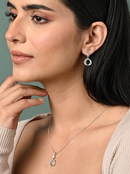 925 Sterling Silver Circle of Joy Pendant Earrings Chain Necklace Jewellery Set | Platinum Plated, Swiss Zirconia | Gift for Women and Girls