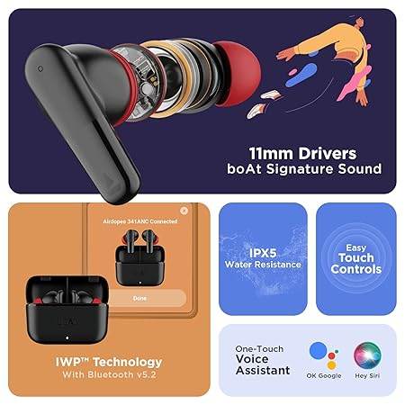 boAt Airdopes 341ANC True Wireless Earbuds in Ear Ear Buds W/ 32Db Hybrid ANC, Quad Mics with Enx Tech, Up to 40HRS Playtime, Beast Mode(for Gaming), ASAP Charge, Iwp, IPX5, Signature Sound(Black) - Rajputtrade