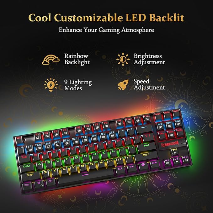 Redragon Kumara K552 Rainbow LED Backlit TKL Ten Key-Less Mechanical Wired Gaming Keyboard Without Numlock Keys (Black) - Rajputtrade
