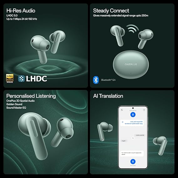 OnePlus Buds 4 TWS Earbuds with Upto 55dB Real-time ANC, Adaptive Mode, Dual Drivers with DACs, 3D Audio, Upto 45hrs Music Playback, ,Dual-Device connectivity, 47ms Low Latency, Zen Green