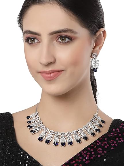 American Diamond Studed Choker Necklace Set (Blue) - Rajputtrade
