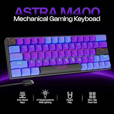 Archer Tech Lab Wired Mechanical Gaming Keyboard| 60% Compact, 63 Keys+ 26 Anti-Ghosting, Blue Switches Tactile Feedback, 17 RGB Effects, 50 Million Clicks for Laptop Mac PS4 PS5 Xbox (Astra M400) - Rajputtrade