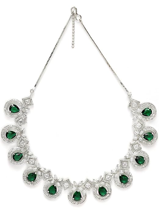 Silver Tone Blue American Diamond Studded Necklace Set for Women (Green) - Rajputtrade