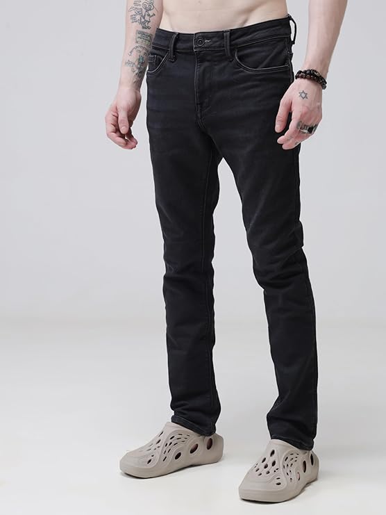 TURMS Men's Black Solid Mid Rise Stretchable Adventure Comfort Denim Pant Cotton Rich Jeans - Rajputtrade