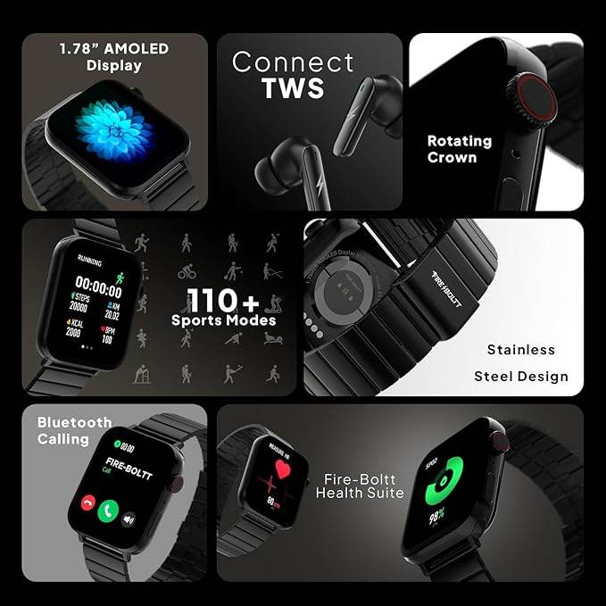 Fire-Boltt Visionary Ultra 1.78" AMOLED, Stainless Steel Luxury Smart Watch, TWS Connection (Black) - Rajputtrade