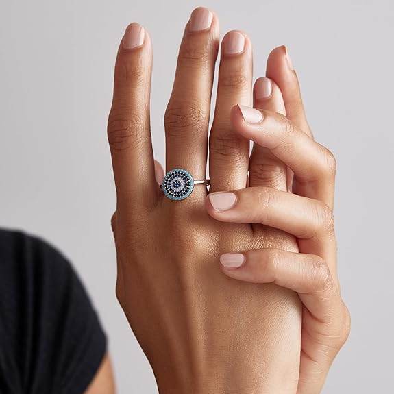 92.5 Sterling Silver Classy Circular Evil Eye Ring, Studded with Zircons, Evil Eye Collection, Gift for Women & Girls - Rajputtrade