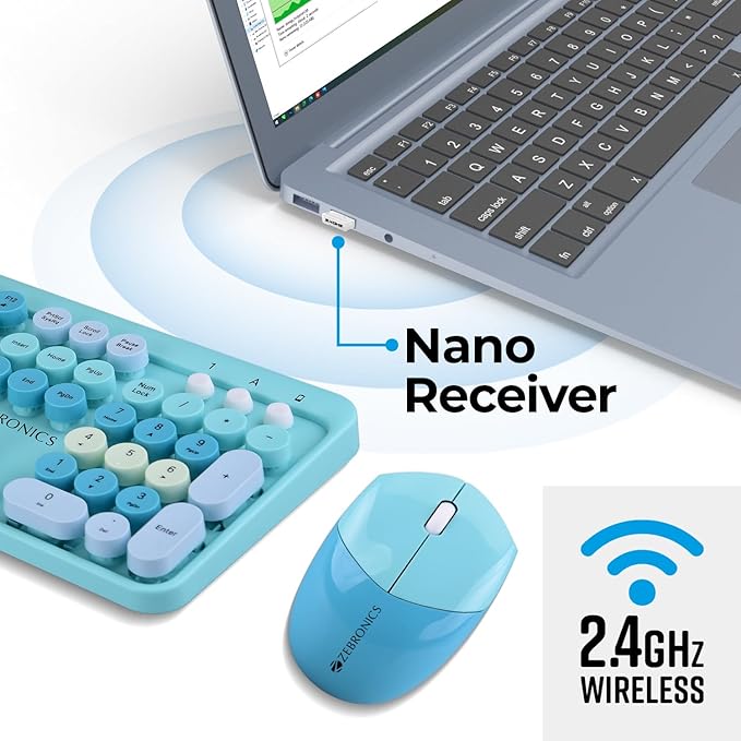 ZEBRONICS Companion 301 2.4GHz Wireless Keyboard & Mouse Combo with UV Printed, Retro Style Keys, 104 + 12 Integrated Multimedia Keys, 1600 DPI, High Precision (Aqua Green) - Rajputtrade