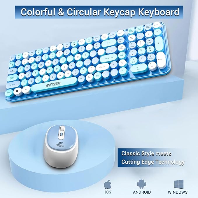Ant Esports WKM44 Keyboard and Mouse Combo, Sea Blue Colourful Wireless Keyboard with Round Keycaps,2.4GHz Dropout-Free Connection, Long Battery Life, Cute Wireless Mouse for PC/Laptop/Computer -Blue - Rajputtrade