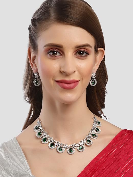 Silver Tone Blue American Diamond Studded Necklace Set for Women (Green) - Rajputtrade