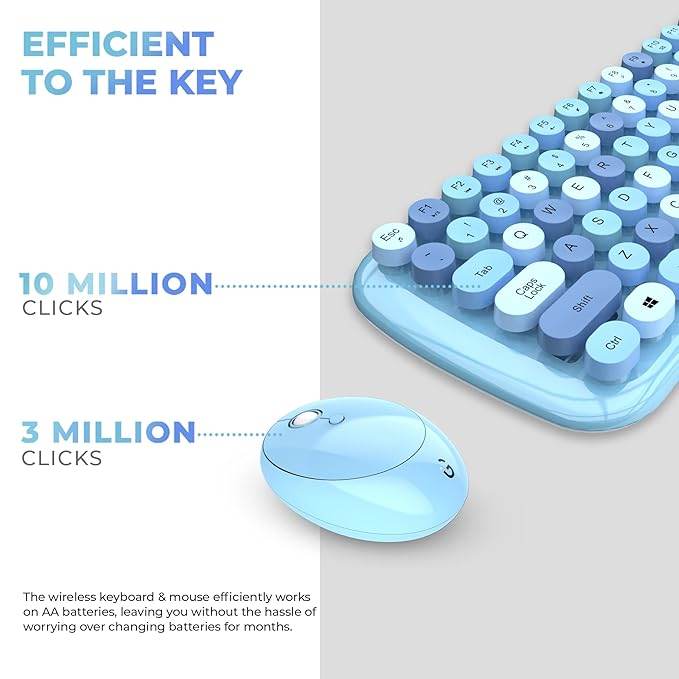 iGear KeyBee Retro Typewriter Inspired 2.4GHz Wireless Keyboard with Mouse Combo for Desktop/Laptop and Devices with USB Support, Single Nano Receiver, Round Keycaps, Cleaning Brush (White) (Blue) - Rajputtrade