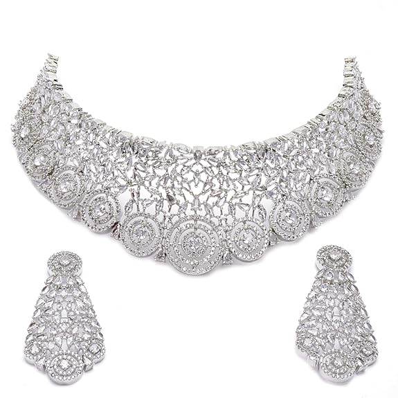 Choker Necklace with Earrings Jewellery Set with Girls and Women (White) - Rajputtrade