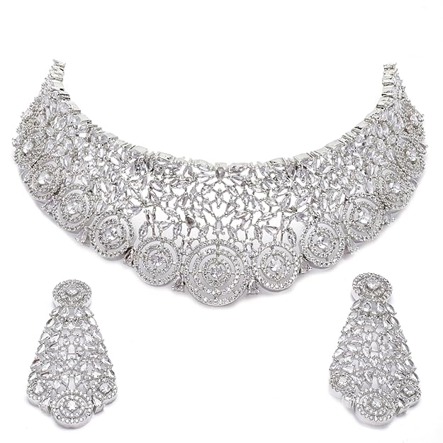 Rhodium-Plated Silver American Diamond Choker Necklace with Earrings Jewellery Set with Girls and Women - Rajputtrade