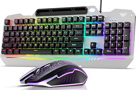 AULA T102 Keyboard and Mouse Combo | RGB Backlit Membrane Keyboard and Gaming Mouse | Wired Gaming Keyboard Set for Windows PC Gamers (Grey Panel | Black Keycaps)