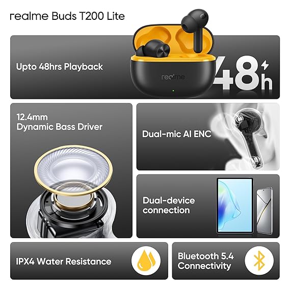realme Buds T200 Lite Bluetooth in Ear Earbuds, 4 Mic, AI ENC for Calls,48 Hours Total Playback with Fast Charging (Black) - Rajputtrade