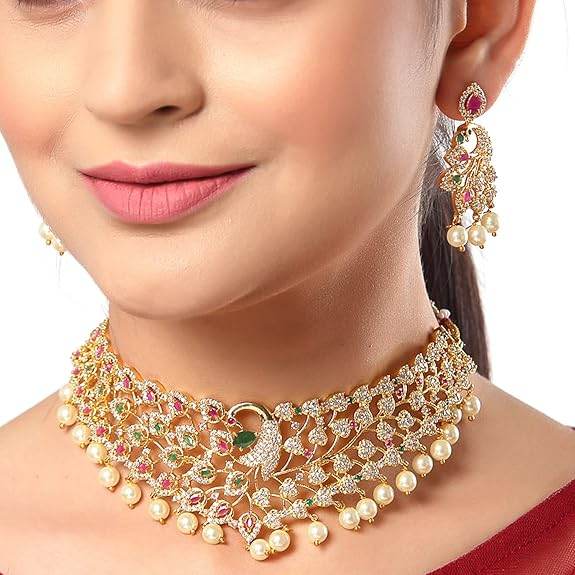 Gold Plated White & Red American Diamond Studded With Drop Pearl Beaded Jewellery Set For Women & Girl - Rajputtrade