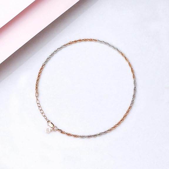 925 Sterling Silver Dual tone Rose Gold and Rhodium Plated Twisted Chain Anklets (Single) | Gift for Women and Girls | - Rajputtrade