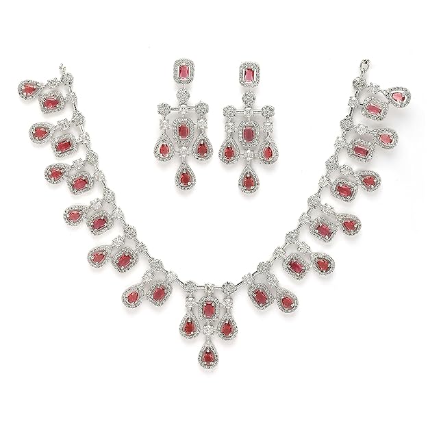 Rhodium-Plated Silver Toned Square Shaped American Diamond Studded Necklace with Earring Jewellery - Rajputtrade