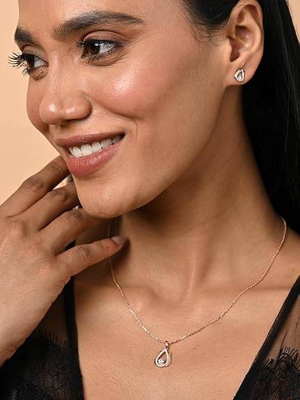 925 Sterling Silver Lotus Pendant Earrings Chain Necklace Jewellery Set | Rose Gold Plated, Swiss Zirconia | Gift for Women and Girls - Rajputtrade